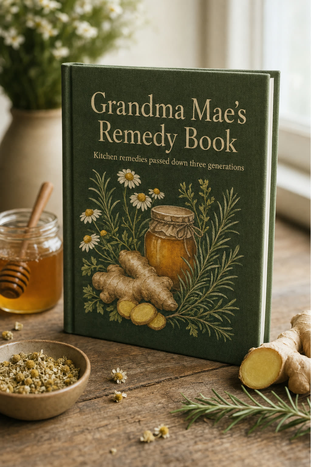 Grandma Mae's Remedy Book, a moss green cover with hand-painted chamomile, ginger and rosemary.