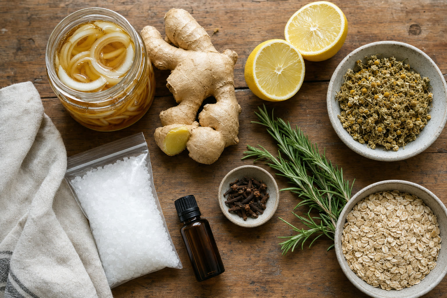 Onion slices in honey, fresh ginger, halved lemons, dried chamomile, rosemary, cloves, Epsom salt, oats and a bottle of peppermint oil on a wooden table.