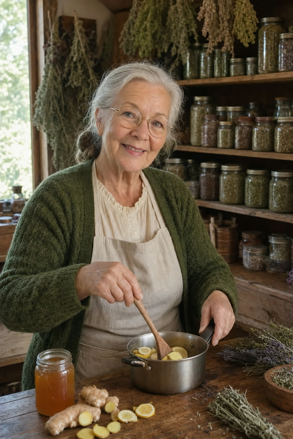 Mae at her wooden kitchen counter, stirring a small pot of ginger and lemon tea, jars of dried herbs on the shelves behind her.