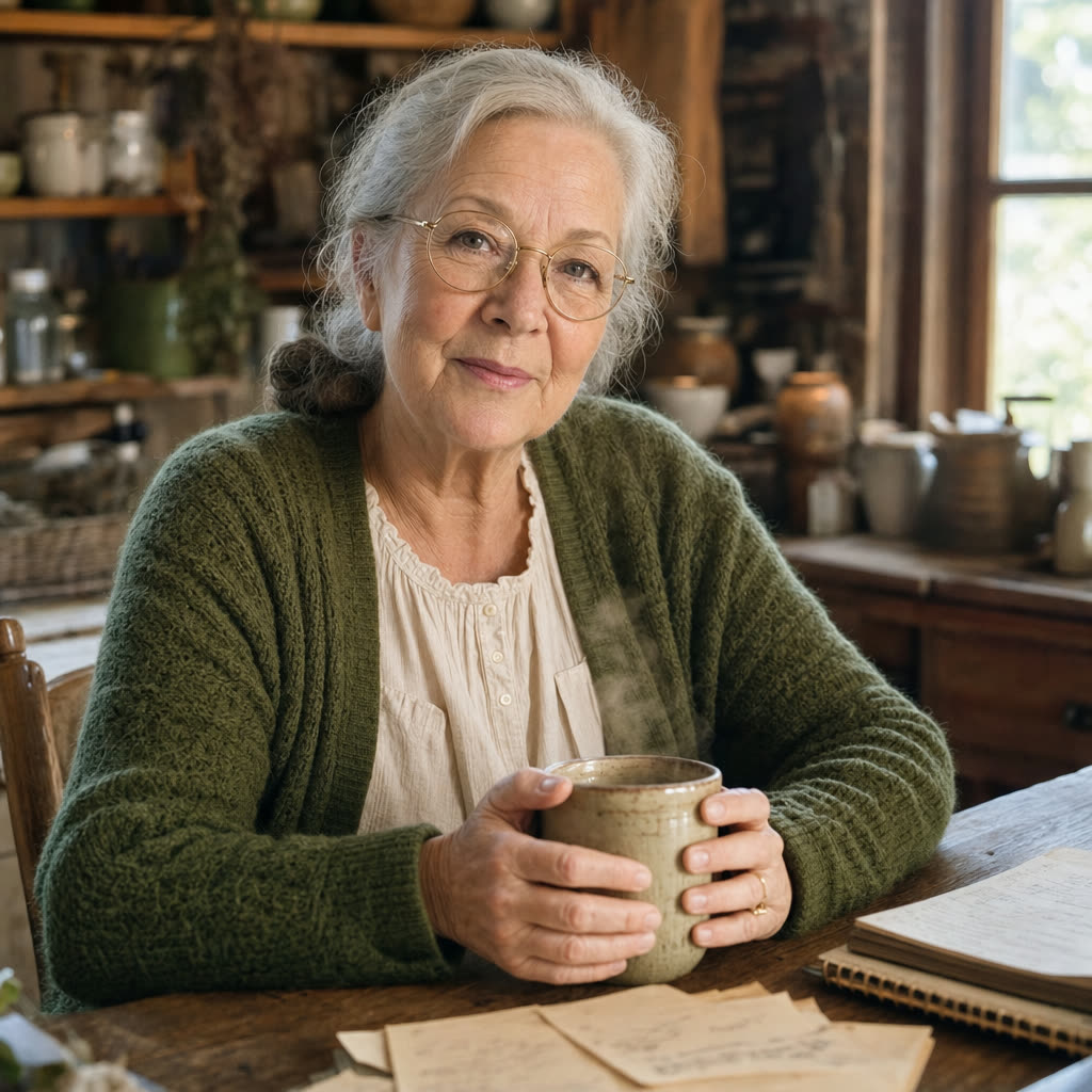 Mae at her kitchen table holding a warm mug, handwritten recipe cards in front of her.